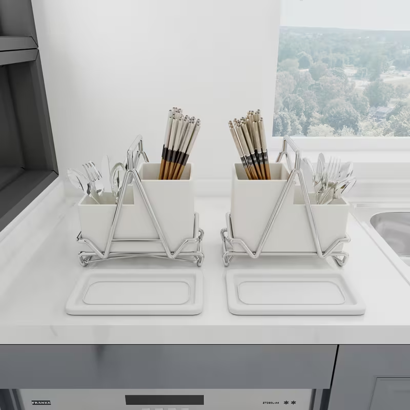 One cream-white stainless steel cutlery holder with metal trim.