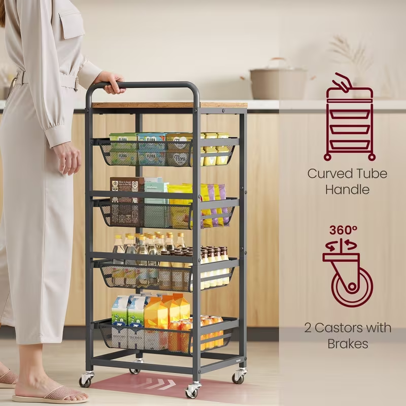 Storage trolley, 5-tier kitchen trolley with wheels and handles, dimensions: 31.7 x 40 x 95 cm