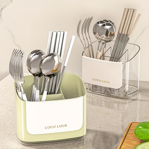 Dishware storage box with drain rack and dividers, no drilling required.