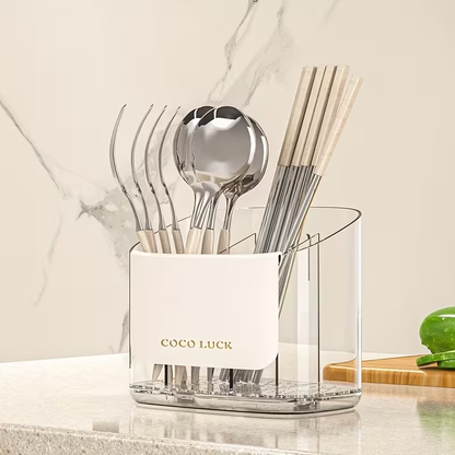 Dishware storage box with drain rack and dividers, no drilling required.