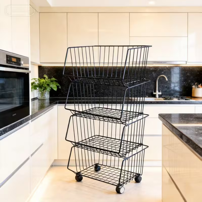 Multi-tier floor-standing storage rack with small trolley and storage basket.
