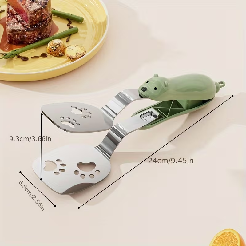 Stainless steel fish spatula, which can be used as both a tong and a spatula.