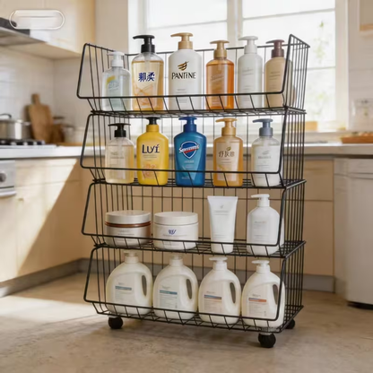 Multi-tier floor-standing storage rack with small trolley and storage basket.