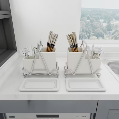 One cream-white stainless steel cutlery holder with metal trim.