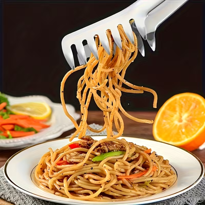 A durable stainless steel pasta tong, suitable for buffets and family meals.