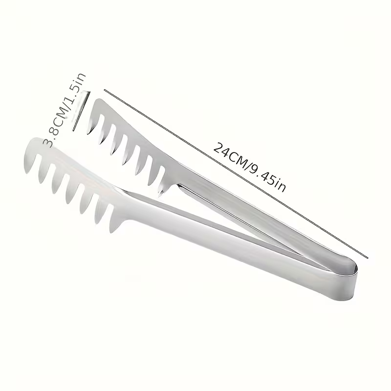 A durable stainless steel pasta tong, suitable for buffets and family meals.