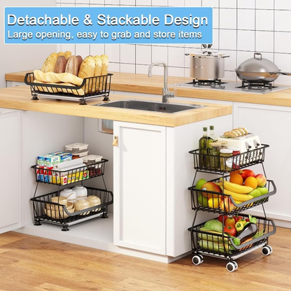 Three-tier rolling floor-standing storage rack; stackable storage trolley