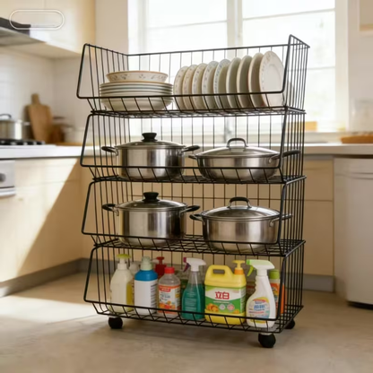 Multi-tier floor-standing storage rack with small trolley and storage basket.
