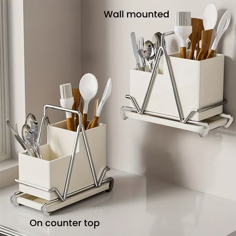 One cream-white stainless steel cutlery holder with metal trim.