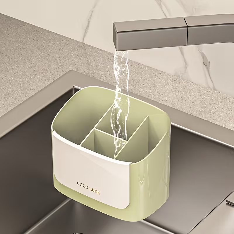 Dishware storage box with drain rack and dividers, no drilling required.