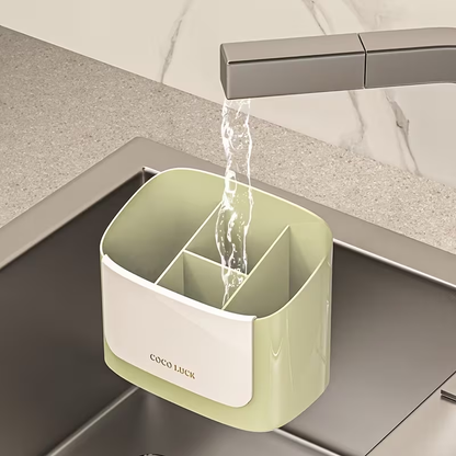 Dishware storage box with drain rack and dividers, no drilling required.