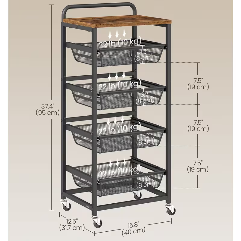 Storage trolley, 5-tier kitchen trolley with wheels and handles, dimensions: 31.7 x 40 x 95 cm