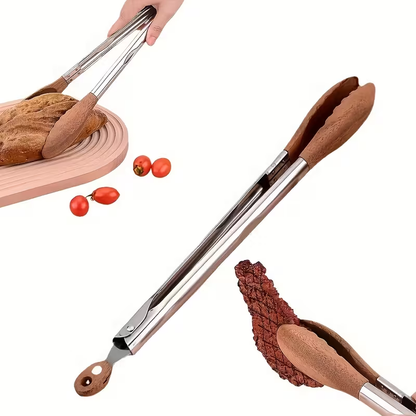 12-inch BBQ Walnut Wood Stainless Steel Sliding Lockable BBQ Tongs