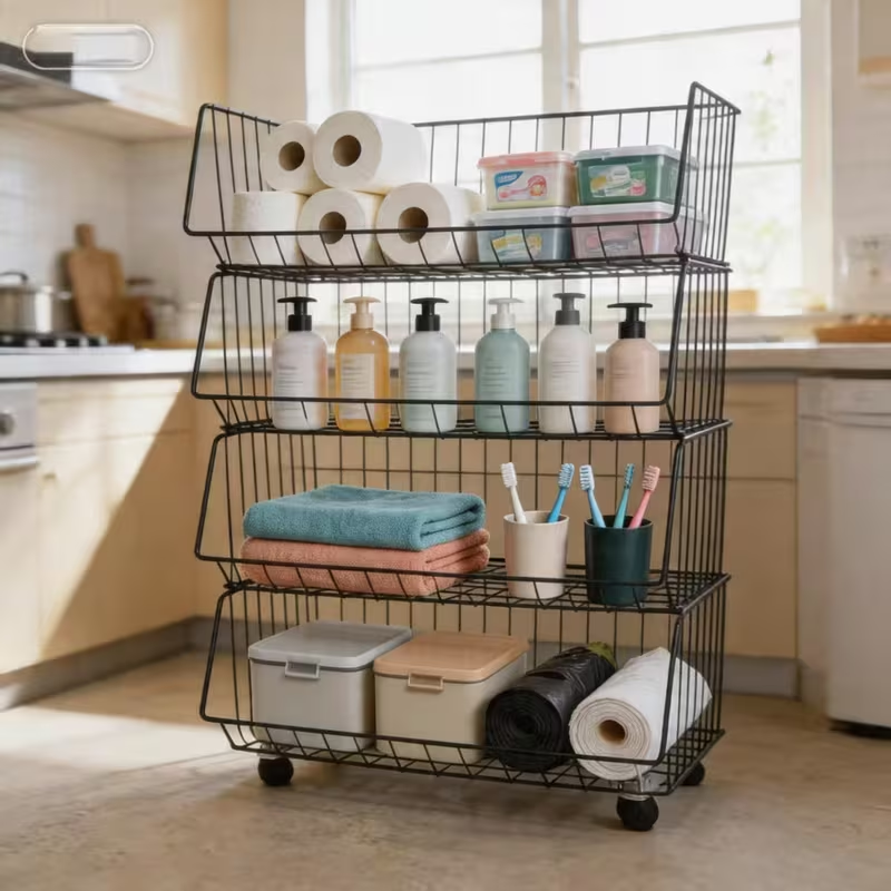Multi-tier floor-standing storage rack with small trolley and storage basket.
