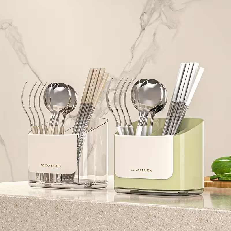Dishware storage box with drain rack and dividers, no drilling required.