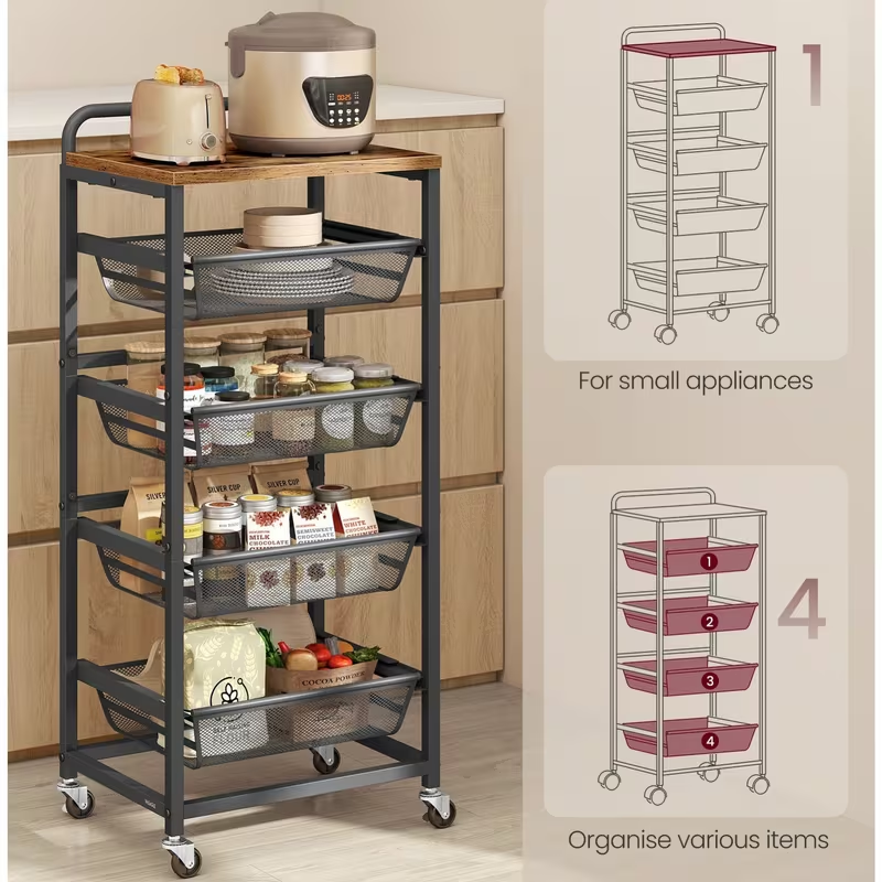 Storage trolley, 5-tier kitchen trolley with wheels and handles, dimensions: 31.7 x 40 x 95 cm