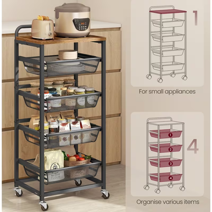 Storage trolley, 5-tier kitchen trolley with wheels and handles, dimensions: 31.7 x 40 x 95 cm