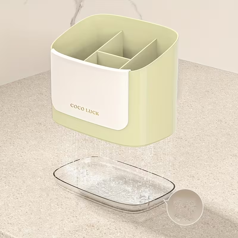 Dishware storage box with drain rack and dividers, no drilling required.
