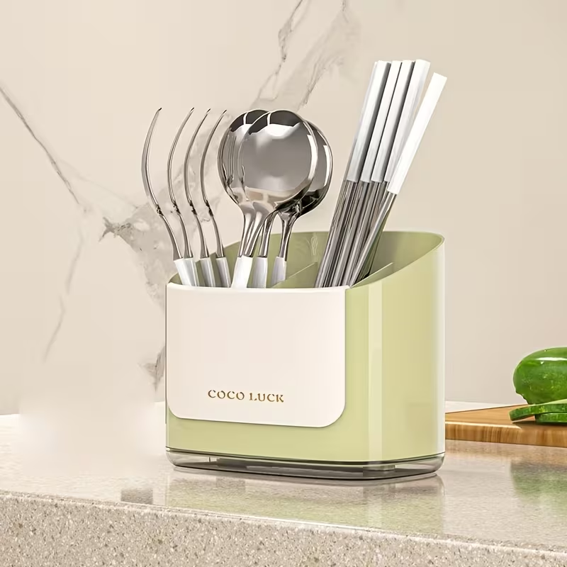Dishware storage box with drain rack and dividers, no drilling required.