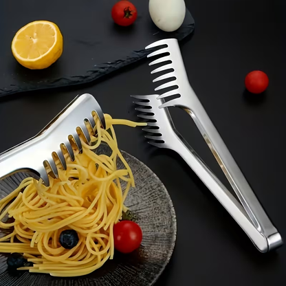 A durable stainless steel pasta tong, suitable for buffets and family meals.