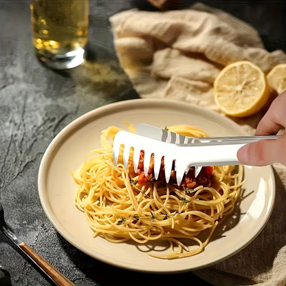 A durable stainless steel pasta tong, suitable for buffets and family meals.