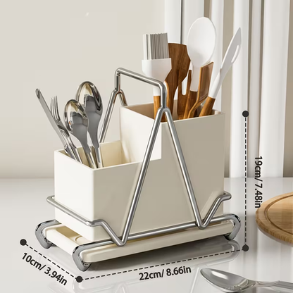 One cream-white stainless steel cutlery holder with metal trim.