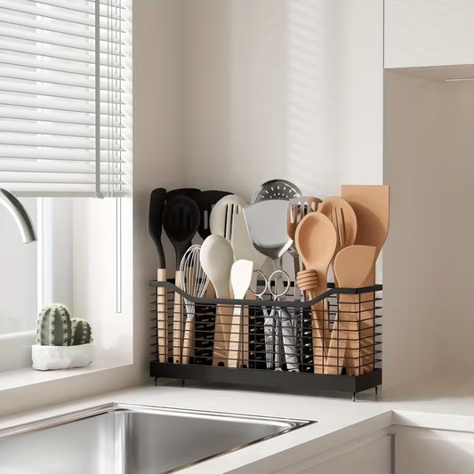 1 stainless steel kitchen utensil rack with multiple compartments for storing spoons, forks, etc.