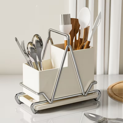 One cream-white stainless steel cutlery holder with metal trim.