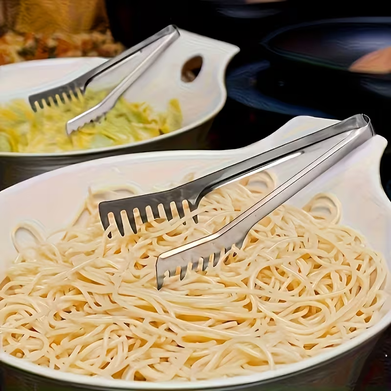 A durable stainless steel pasta tong, suitable for buffets and family meals.