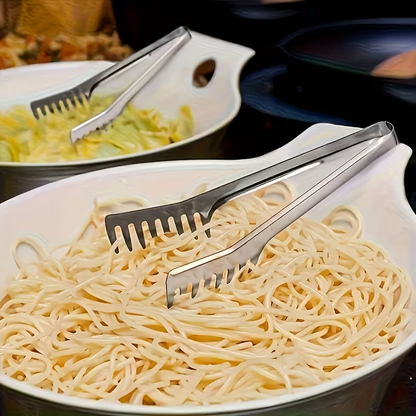 A durable stainless steel pasta tong, suitable for buffets and family meals.