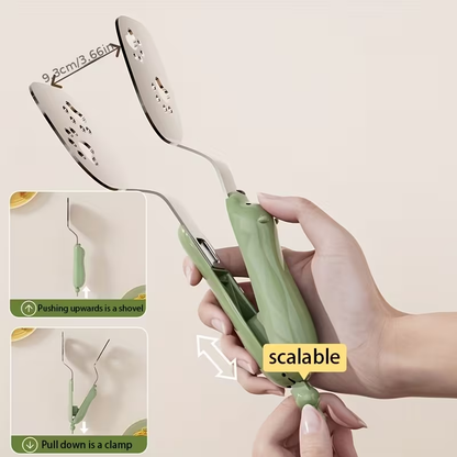 Stainless steel fish spatula, which can be used as both a tong and a spatula.