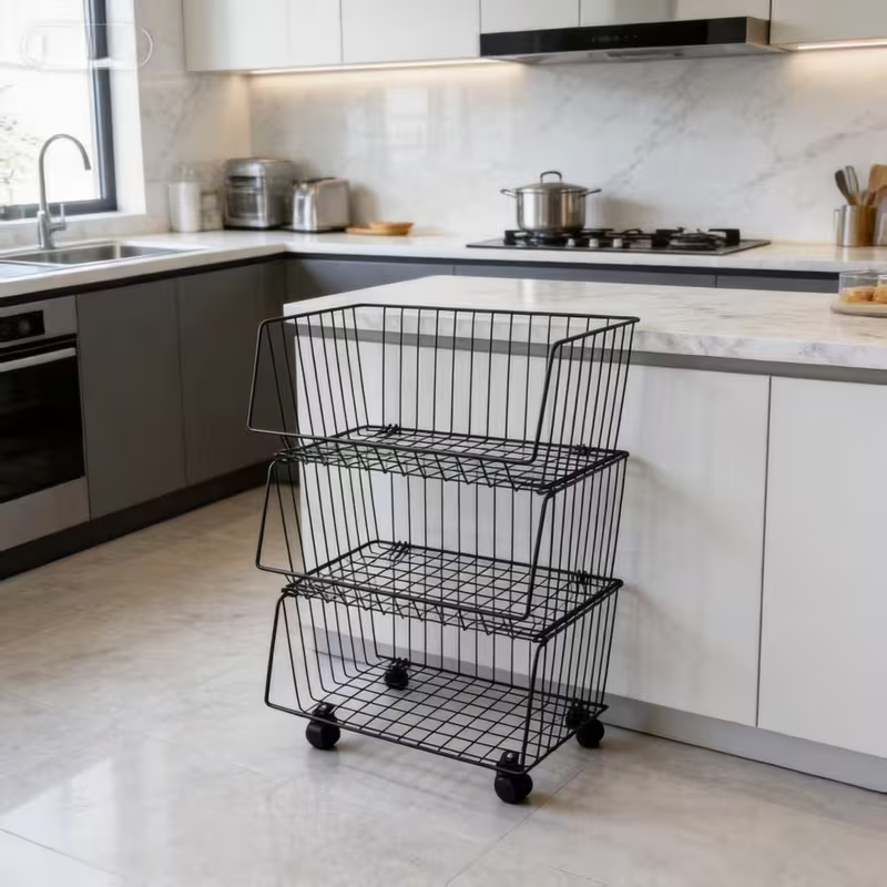 Multi-tier floor-standing storage rack with small trolley and storage basket.