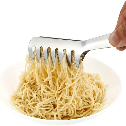 A durable stainless steel pasta tong, suitable for buffets and family meals.