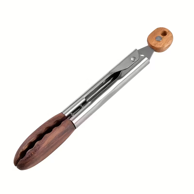 12-inch BBQ Walnut Wood Stainless Steel Sliding Lockable BBQ Tongs