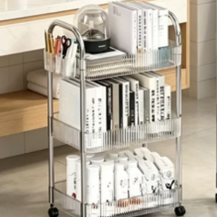 Portable storage cart, transparent acrylic design, 360° swivel wheels
