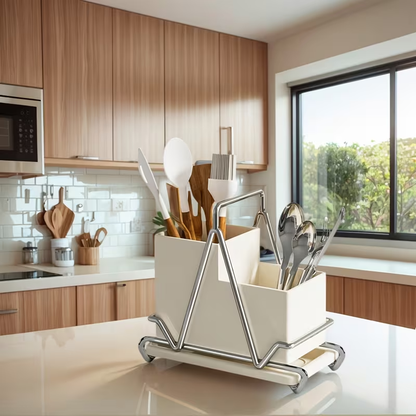 One cream-white stainless steel cutlery holder with metal trim.