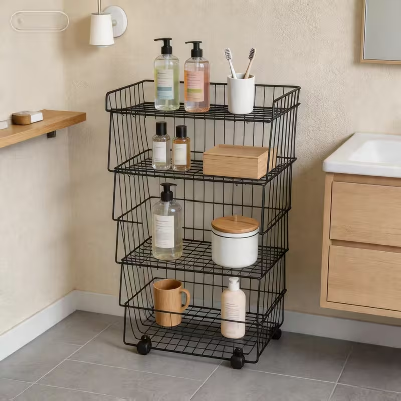 Multi-tier floor-standing storage rack with small trolley and storage basket.