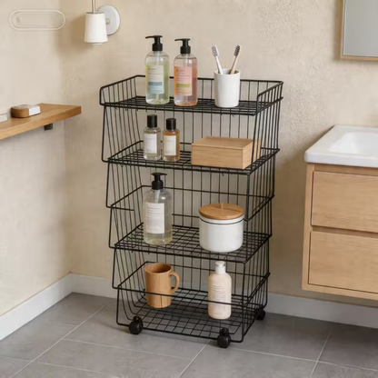 Multi-tier floor-standing storage rack with small trolley and storage basket.
