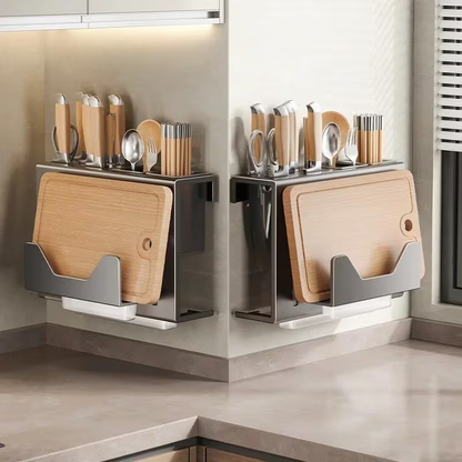 Wall-mounted kitchen knife rack with chopstick holder | Integrated metal storage rack