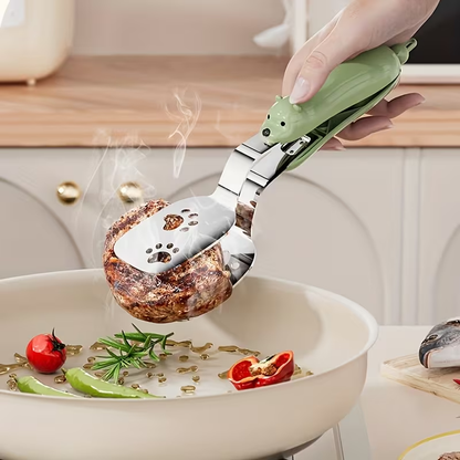 Stainless steel fish spatula, which can be used as both a tong and a spatula.