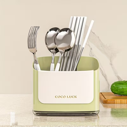 Dishware storage box with drain rack and dividers, no drilling required.