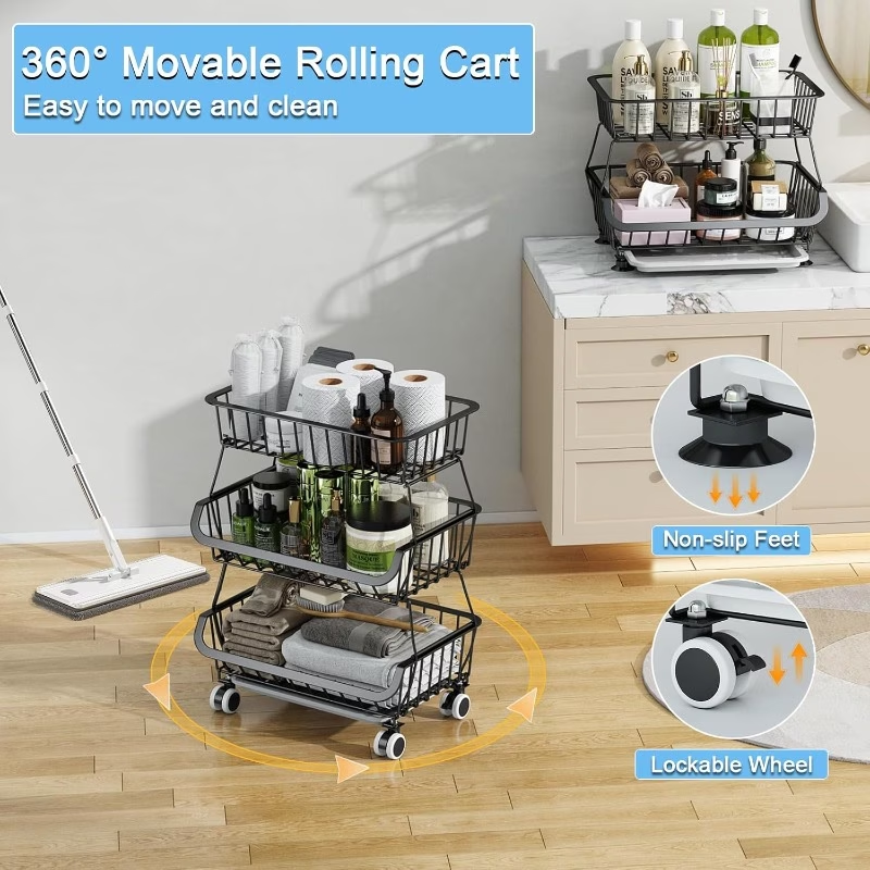 Three-tier rolling floor-standing storage rack; stackable storage trolley