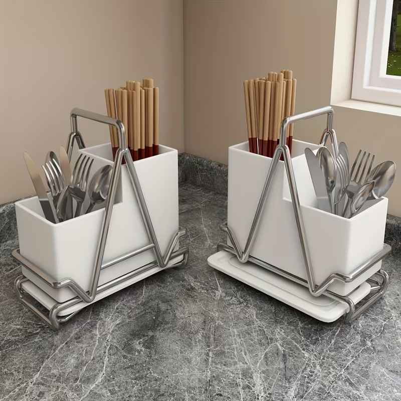 One cream-white stainless steel cutlery holder with metal trim.