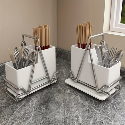 One cream-white stainless steel cutlery holder with metal trim.