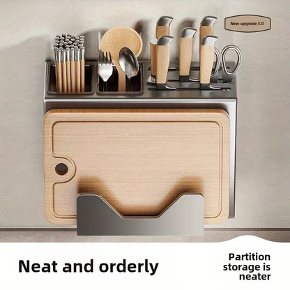 Wall-mounted kitchen knife rack with chopstick holder | Integrated metal storage rack