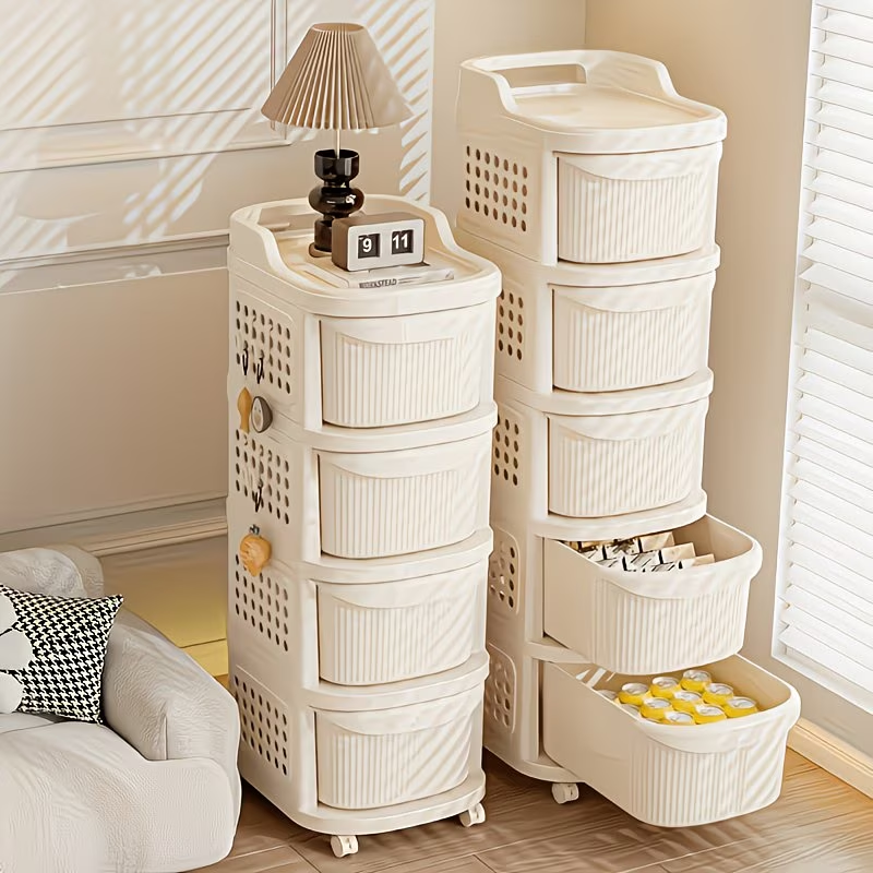 A unique and stylish multi-tiered, large-capacity trolley with drawers, easy to assemble.