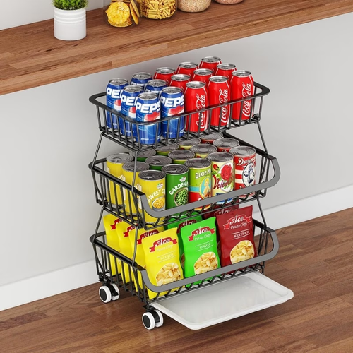 Three-tier rolling floor-standing storage rack; stackable storage trolley